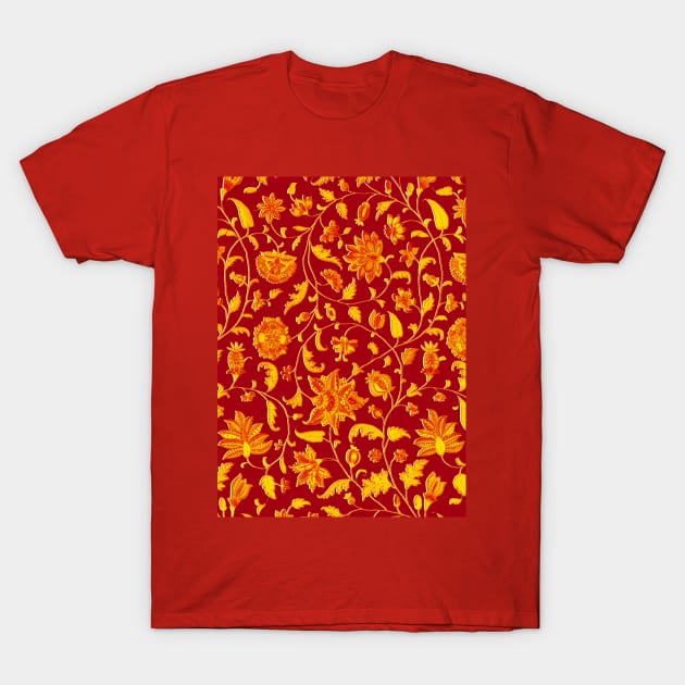 GOLD YELLOW RED POMEGRANATES ,POMEGRANATE FLOWERS, LEAVES Oriental Floral Swirls T-Shirt by BulganLumini